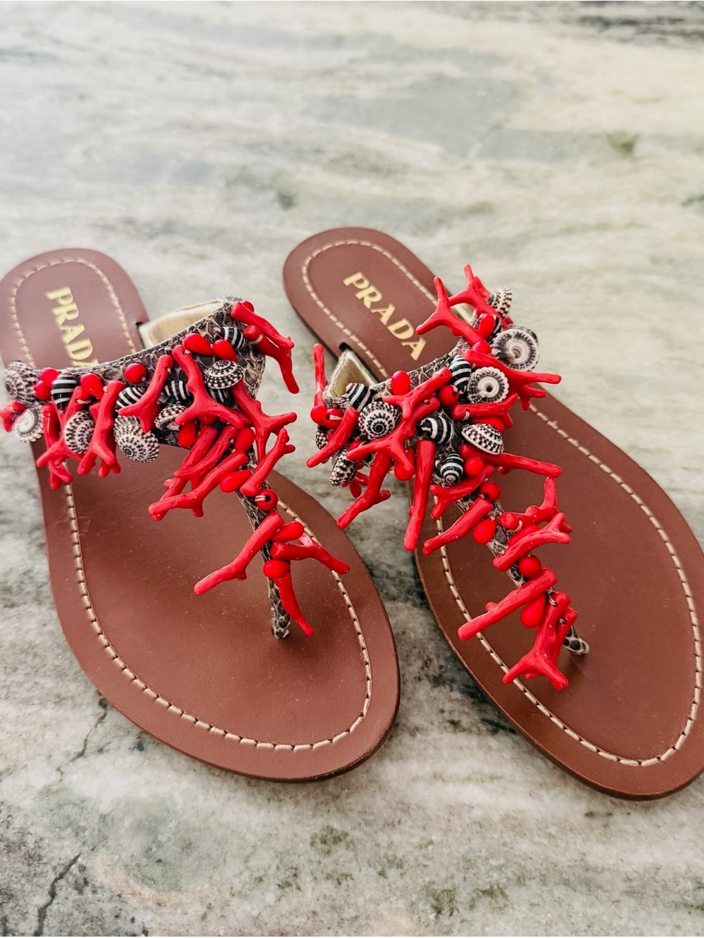 Prada Brown Leather Sandals with Red Coral Embellishments